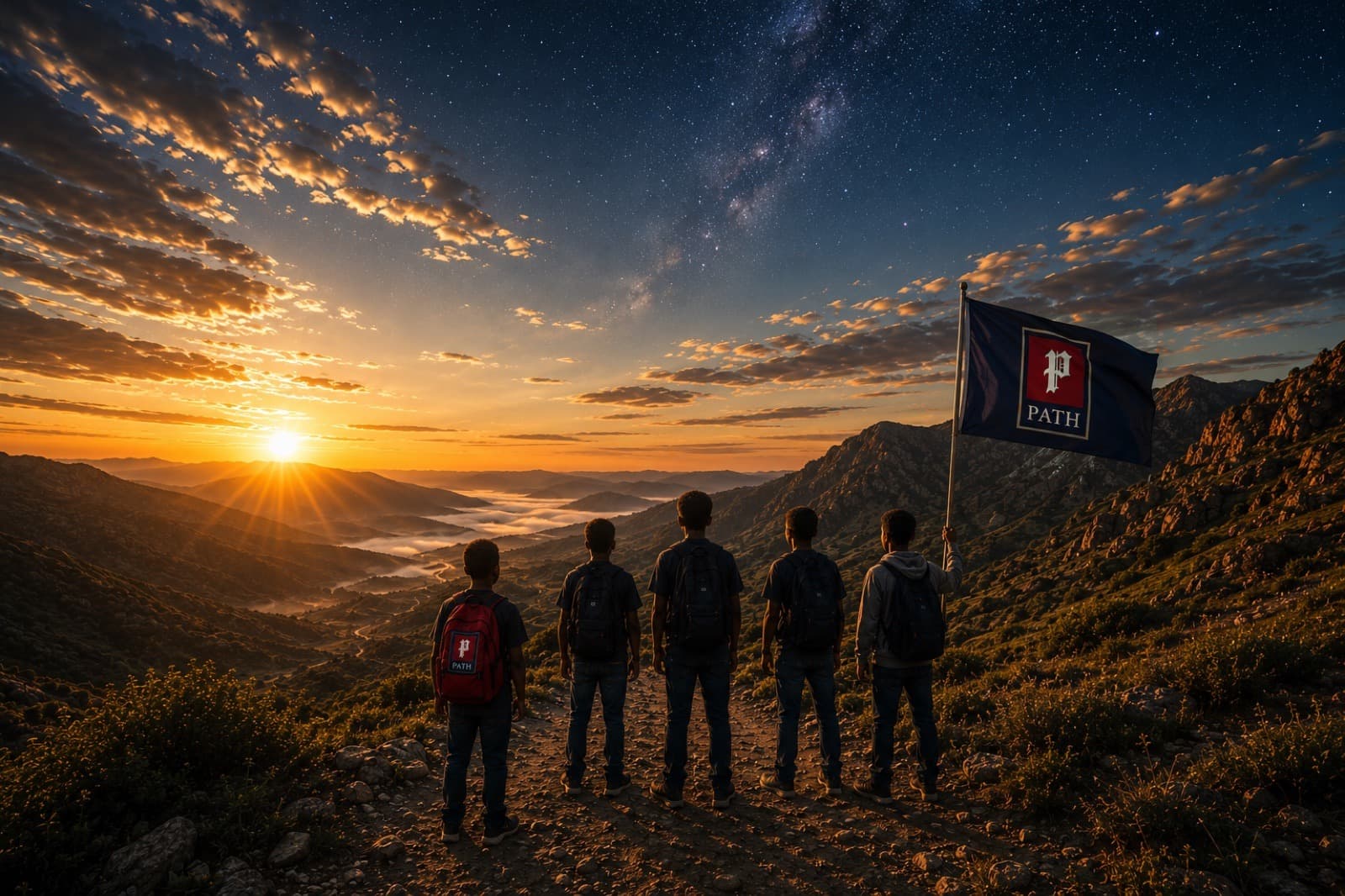 Five boys with backpacks stand at the head of a mountain trail at sunrise, a PATH flag beside them.